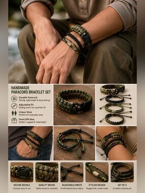 4pcs Handmade adjustable men/women Paracord Bracelet & Braided WrapsOlive Green
